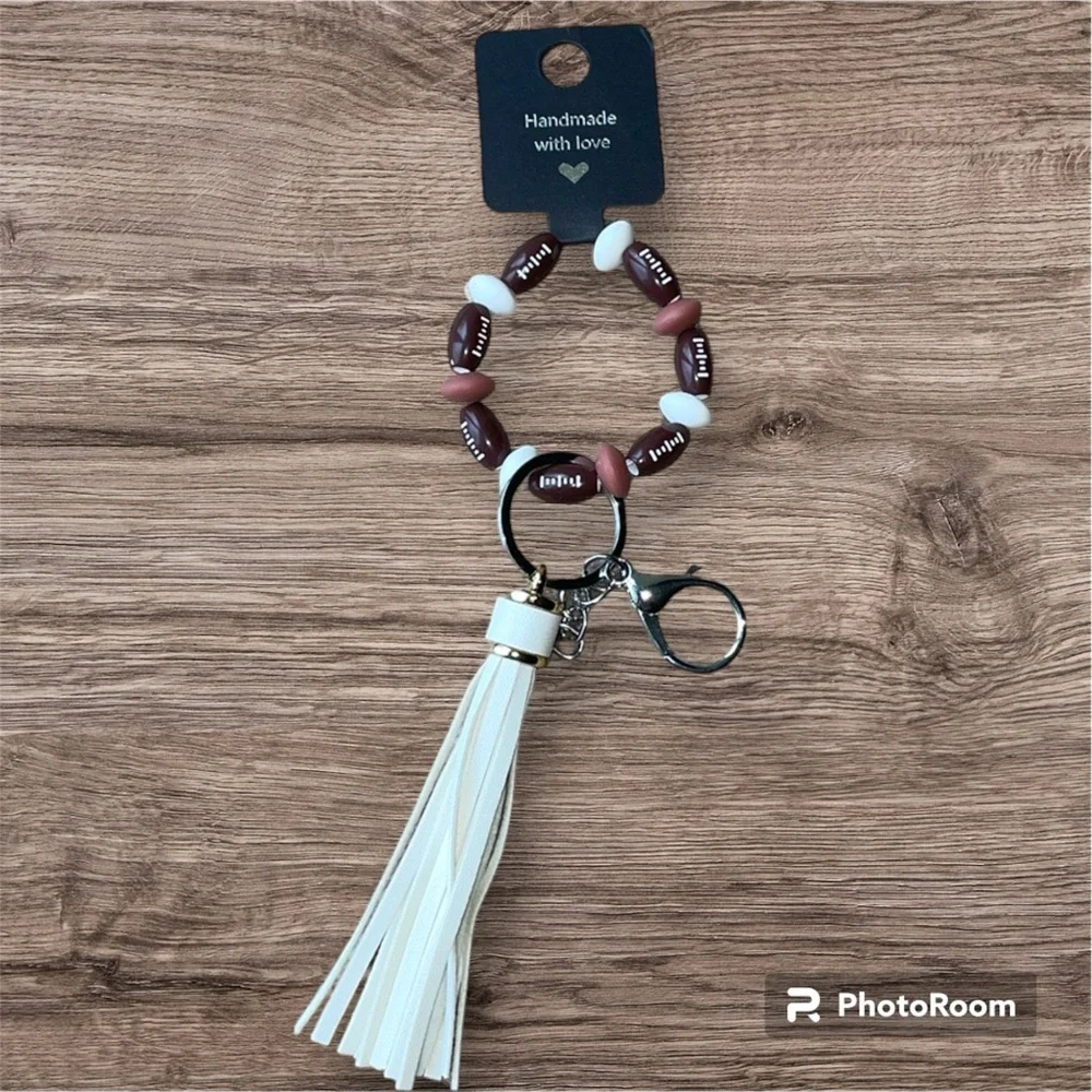 Football Bead Bracelet Wrist Keychain Leather Tassel  Key Ring Bag Accessories